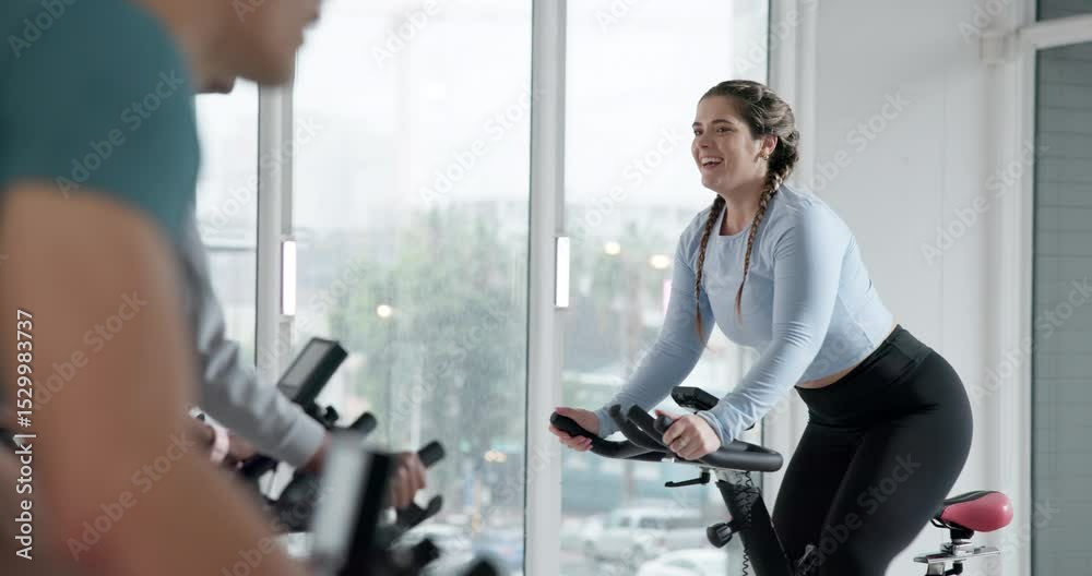 Cycling, exercise and personal trainer in spin class for cardio training, challenge or performance. Fitness, instructions and routine with woman coach in gym for endurance workout on stationary bike