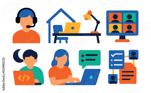 Flat vector icons of digital and remote labor: remote worker with headset, home desk with laptop, freelancer submitting project, coder at night, video call meeting, virtual assistant at keyboard,