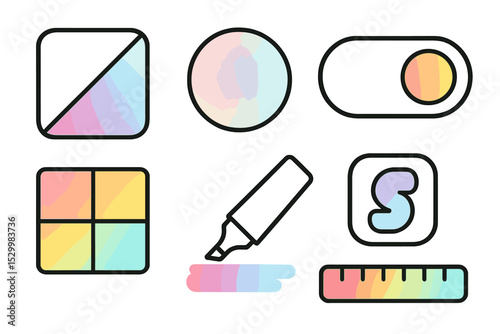 Gradient Icon Collection. Line style icons of gradients: neon fade icon, radial blend circle, soft color transition, glowing