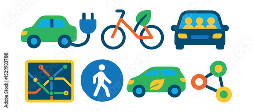 Flat vector icons of eco-friendly transportation: electric car plug icon, bike with green leaf, e-scooter badge, carpool vehicle, public transport map, pedestrian path symbol, fuel-efficient vehicle,