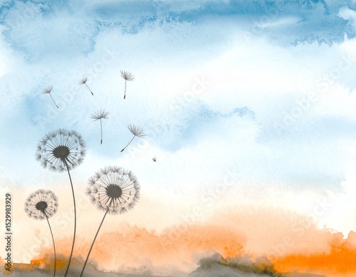Dandelions. Watercolor painting, minimalist, simple graphics.