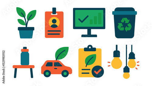 Flat vector icons of sustainability in workplace: green office plant icon, remote work badge, paperless meeting screen, office recycling bin, reusable water bottle on desk, eco commute incentive,