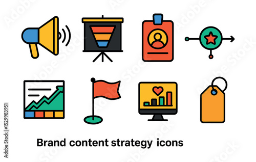 Flat vector icons of brand content strategy: brand voice icon, marketing funnel board, audience persona badge, storytelling timeline, message consistency chart, campaign launch flag, engagement KPI