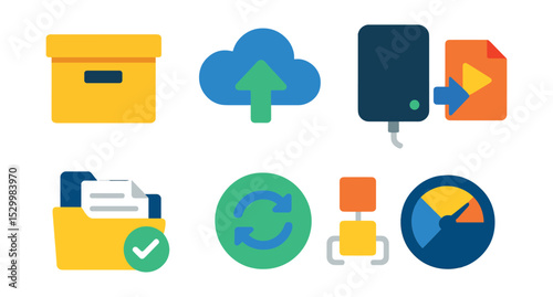 Flat vector icons of content archiving and backup: content archive box, cloud backup symbol, external drive icon, export media file, saved drafts folder, automatic sync badge, project versioning icon