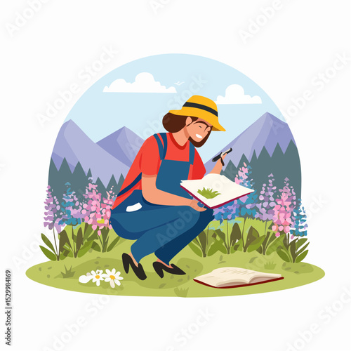 Botanist Cataloging Flowers in Alpine Field – Open journal, hand lens, labeled plant samples.

