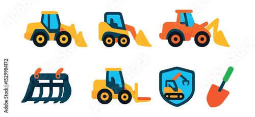 Flat vector icons of loaders and skid steers: front-end loader icon, compact skid steer, articulated wheel loader, mini track loader, grapple bucket attachment, loader with forks, material handler