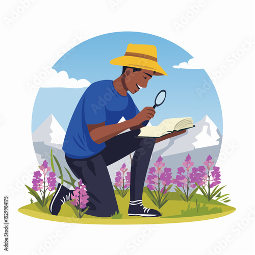 Botanist Cataloging Flowers in Alpine Field – Open journal, hand lens, labeled plant samples.
