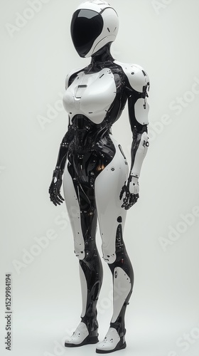 A full-body, three-quarter view of a cybernetic female model, boasting a sleek white and black design with visible mechanical intricacies, standing gracefully against a plain white background