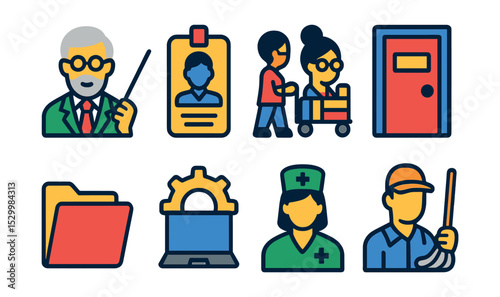 Flat vector icons of university staff and faculty: professor with pointer icon, academic advisor badge, librarian with book cart, dean’s office door, registrar file folder, IT support gear, campus