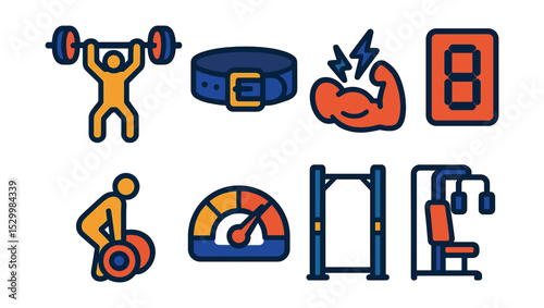 Flat vector icons of strength and resistance training: barbell lift icon, weightlifting belt, muscle activation diagram, workout rep counter, deadlift form symbol, strength meter gauge, power rack