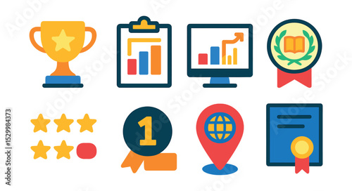 Flat vector icons of university rankings and reputation: academic reputation trophy, QS world ranking chart, research output bar graph, faculty citation badge, student satisfaction stars, employer