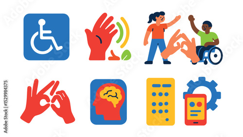 Flat vector icons of adaptive and inclusive training: wheelchair accessible badge, sensory-friendly environment icon, inclusive fitness class, sign language training symbol, cognitive support file,