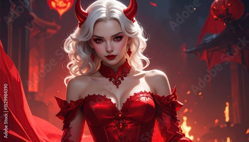 A woman in a red, ornate gown with devil horns