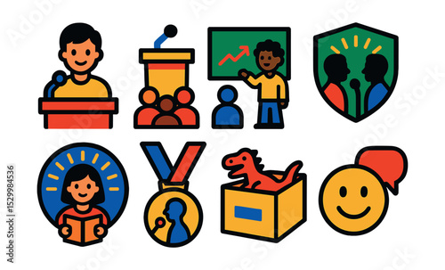 Flat vector icons of public speaking for youth and education: student speaker icon, school assembly podium, classroom oral presentation, debate club emblem, youth storytelling badge, speaking