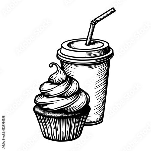 Cold drink with whipped cream and cupcake combo in hand-drawn style