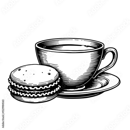 Monochrome dessert combo of macaron and tea cup on saucer