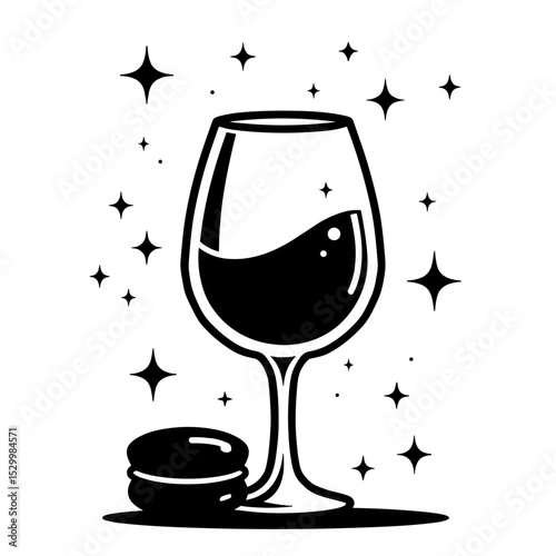 Glass of wine with macaron in sparkly minimalistic hand-drawn style