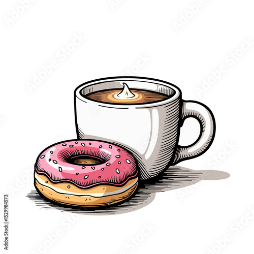 Combo of coffee with milk and colorful donut on saucer