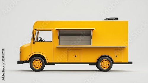 A side view of a yellow food truck with service window open on a plain white background in studio shot