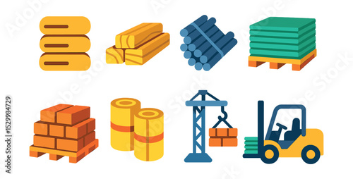 Flat vector icons of construction materials and logistics: cement bag stack, timber beam pile, steel rebar bundle, drywall sheet load, bricks on pallet, insulation rolls in wrap, material hoist crane