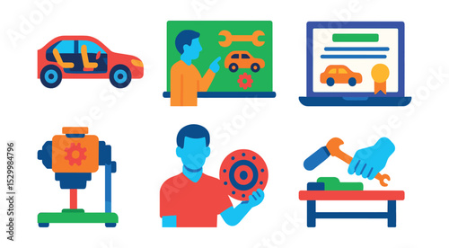 Flat vector icons of automotive training and education: vehicle cutaway model, auto tech classroom board, online repair course screen, certification diploma icon, engine training rig, instructor with