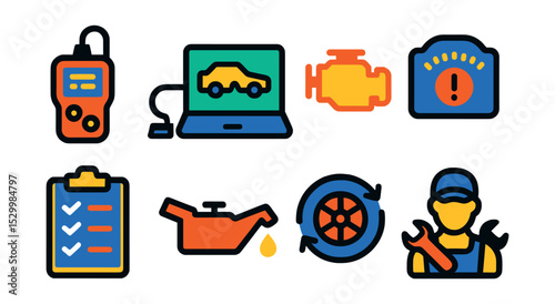 Flat vector icons of vehicle diagnostics and service: OBD scanner tool, diagnostic laptop with cable, check engine light symbol, service alert dashboard, maintenance checklist clipboard, oil change