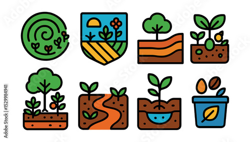 Flat vector icons of multi-crop and permaculture farming: permaculture spiral icon, polyculture field badge, swale contour line, companion crop patch, food forest layer diagram, mulch cover path, photo