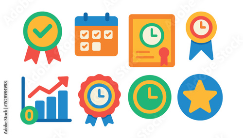 Flat vector icons of attendance and punctuality rewards: perfect attendance badge, on-time streak calendar, punctuality certificate, time tracker ribbon, zero absence chart, clock-in reward stamp,