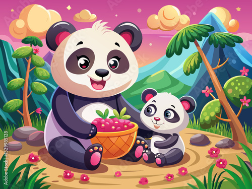 vector of A sweet mother panda is playing with her cub in China...