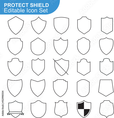 Blank Shield Icon Set. Security, Protection, Line Style Symbol. Vector Illustration