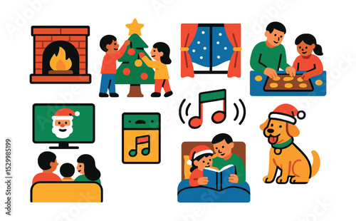 Flat vector icons of holiday home scenes: family by fireplace, kids decorating tree, snow outside window, baking cookies together, festive movie night, holiday music speaker, shared bedtime story,