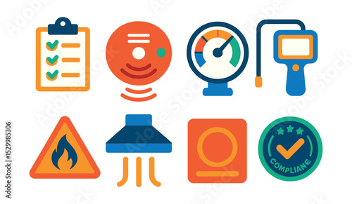 Flat vector icons of inspection and safety measures: annual maintenance checklist, carbon monoxide alarm icon, sealed system pressure gauge, inspection camera probe, warning triangle for gas leak,