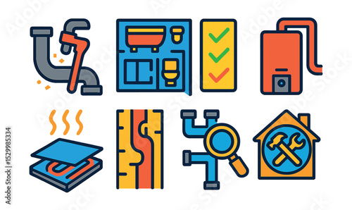 Flat vector icons of plumbing and heating in renovation: old pipe removal icon, bathroom remodel plan, heating upgrade checklist, new boiler install symbol, tile lift with heating cable, wall chase
