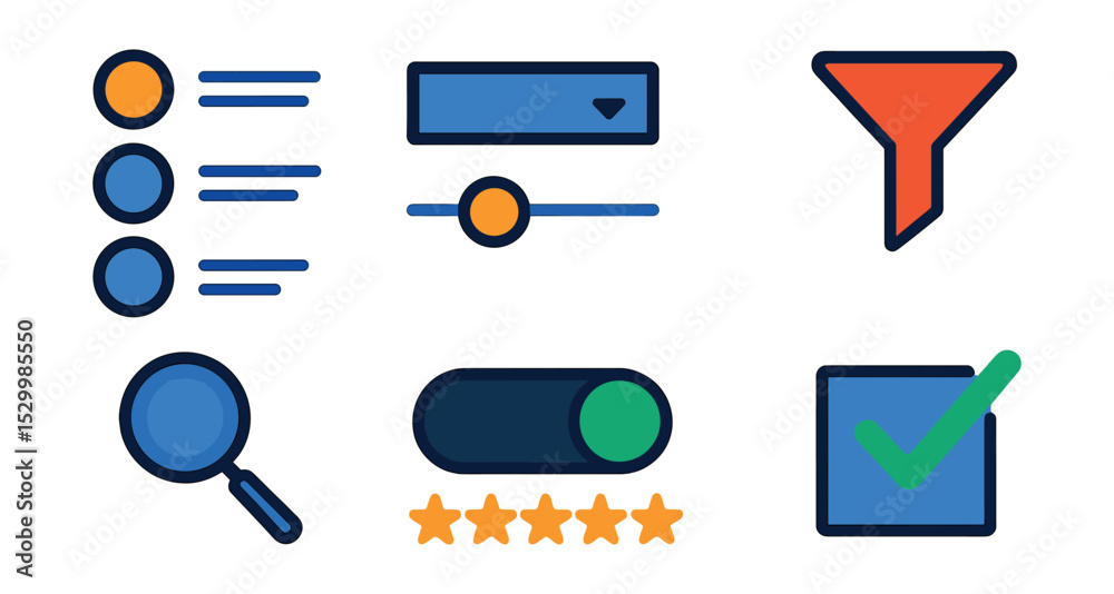 Flat vector icons of selection tools and interfaces: radio button group, dropdown menu icon, slider selector, filter funnel badge, search magnifier glass, toggle button panel, star rating selector,