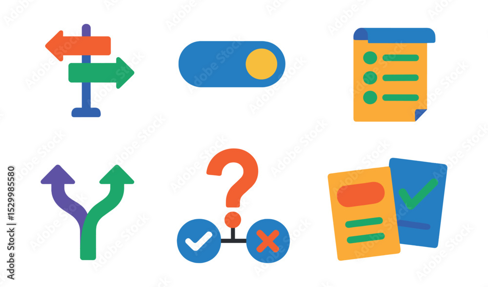 Flat vector icons of alternative choices and options: alternative route sign, switch button icon, toggle between two options, option list scroll, split decision diagram, path divergence icon, yes/no