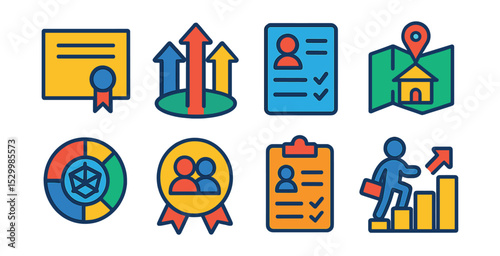 Flat vector icons of career and education choices: diploma certificate icon, career path arrows, job application form, college selection map, skill set chart, interview checklist, mentorship badge,