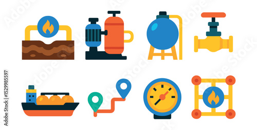 Flat vector icons of natural gas transportation: underground pipeline icon, compressor pump station, gas storage tank, pressure regulator valve, LNG tanker ship, pipeline map route, flow meter badge,