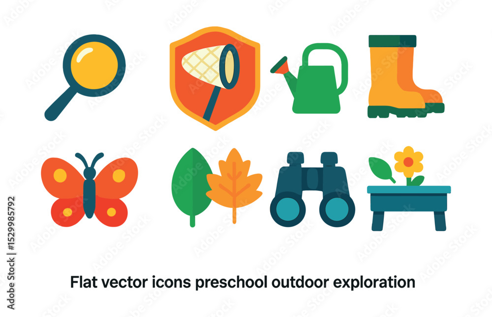 Flat vector icons of preschool outdoor exploration: magnifying glass icon, bug catching net badge, garden watering can, nature walk boots, butterfly, leaf collection, bird watching binoculars,