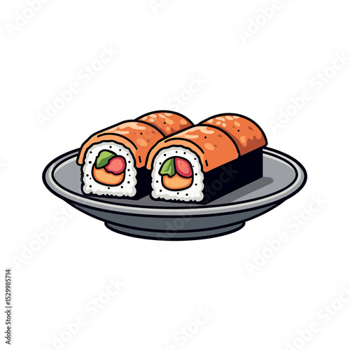 Colorful sushi rolls with fish avocado and rice served on a plate
