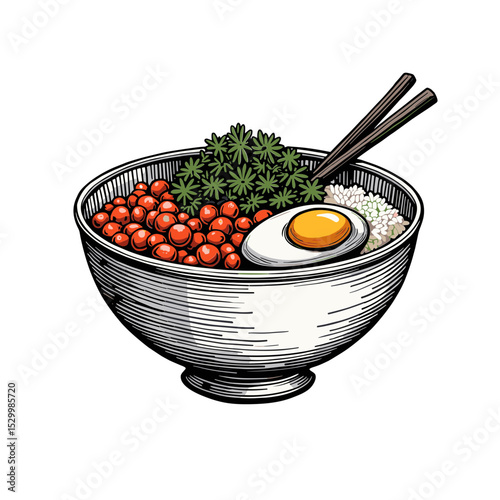 Bowl of Asian rice with salmon roe egg and greens in Japanese style