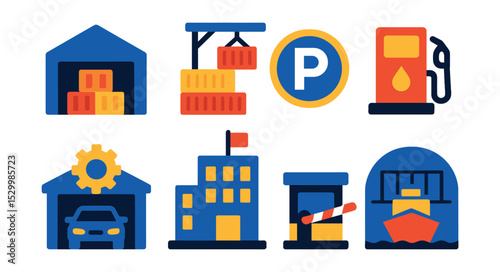 Flat vector icons of port customs and inspections: inspection officer icon, cargo scanner badge, quarantine sign, customs stamp, inspection checklist, security seal, documentation folder, compliance