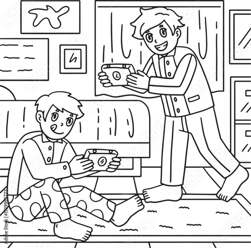 Sleepover Boys Playing Handheld Consoles Coloring 