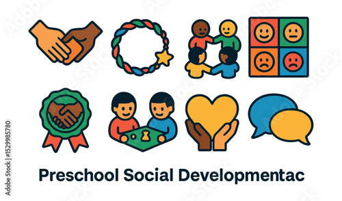 Flat vector icons of preschool social development: sharing hands icon, friendship bracelet, group play circle, emotion faces chart, conflict resolution badge, cooperative game, empathy heart,