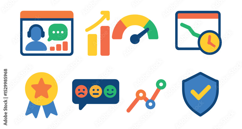 Flat vector icons of support analytics and reporting: support dashboard icon, ticket volume chart, customer satisfaction meter, resolution time graph, agent performance badge, feedback summary,