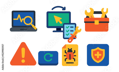 Flat vector icons of technical support tools: diagnostic computer icon, remote access screen, troubleshooting checklist, toolbox badge, error alert symbol, system update button, bug report form,