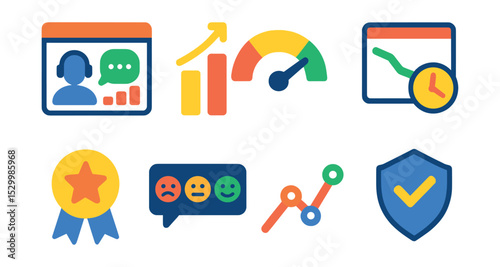 Flat vector icons of support analytics and reporting: support dashboard icon, ticket volume chart, customer satisfaction meter, resolution time graph, agent performance badge, feedback summary,