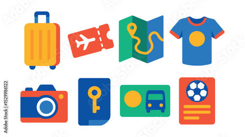 Flat vector icons of football fan travel essentials: travel suitcase icon, plane ticket badge, travel map, fan jersey, camera, hotel keycard, transportation pass, event schedule.