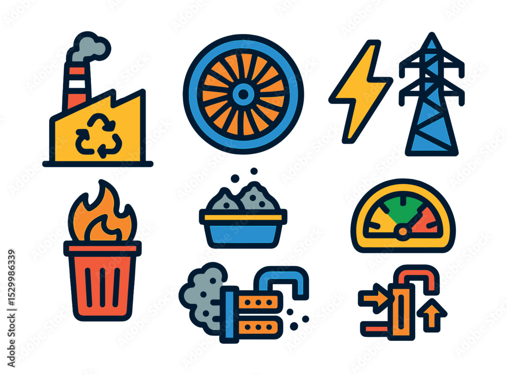Flat vector icons of waste-to-energy processes: incineration plant icon, steam turbine badge, electricity generation, waste combustion, ash disposal, energy output meter, pollution filter, heat