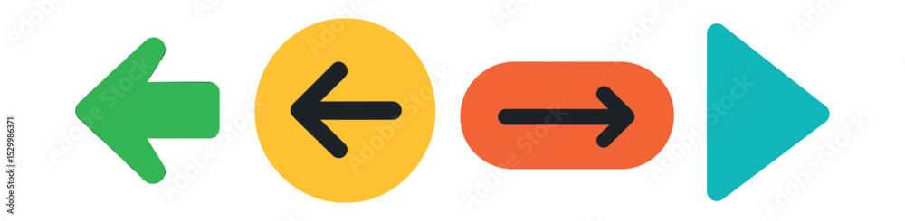 Flat vector icons of return and navigation actions: return arrow, go back icon, previous step, continue button, forward navigation.