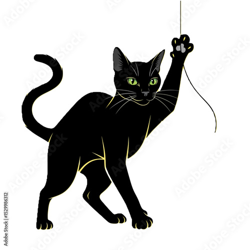 Playful black cat reaching for toy isolated on white background